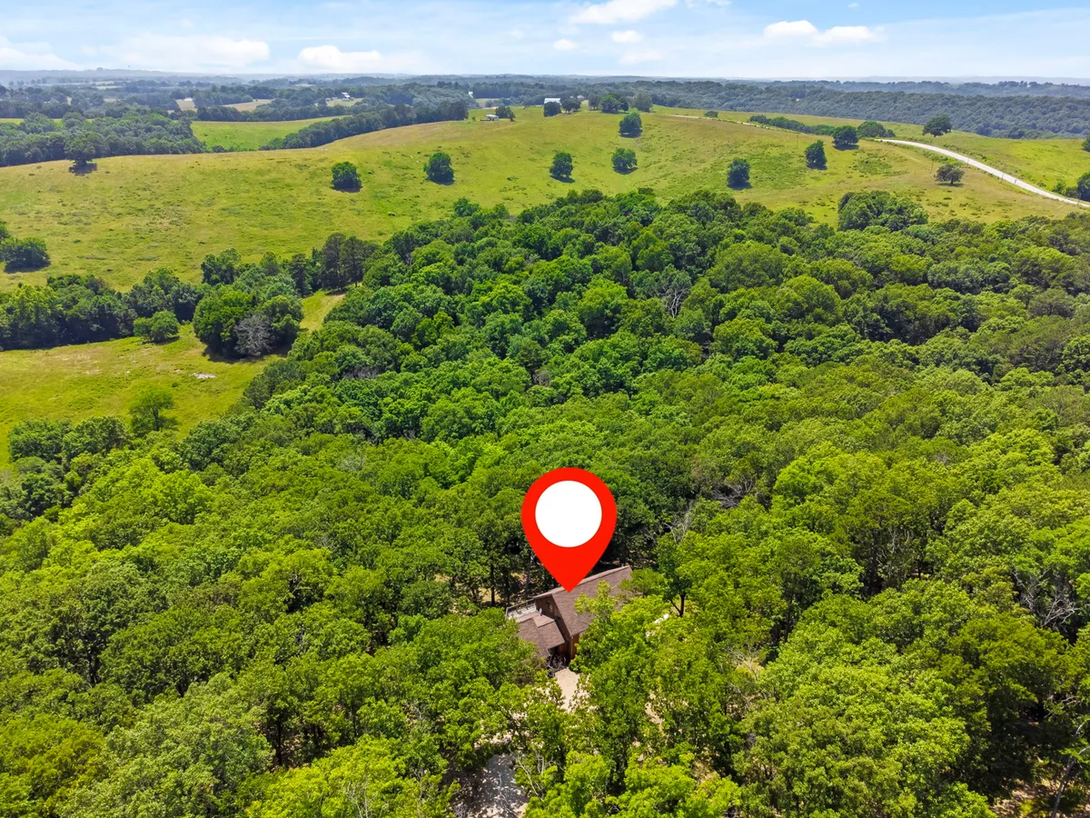 An aerial view showcasing the expanse of the property surrounded by lush greenery and distant hills. The open fields and wooded areas offer a clear sense of the 40-acre Ozark countryside mentioned in the section. The image captures the potential for exploration and outdoor adventure within the Tall Pines community.